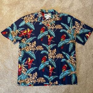 Paradise Found Hawaiian Cotton Shirt Parrot Macaw Tropical S/S Magnum PI LARGE